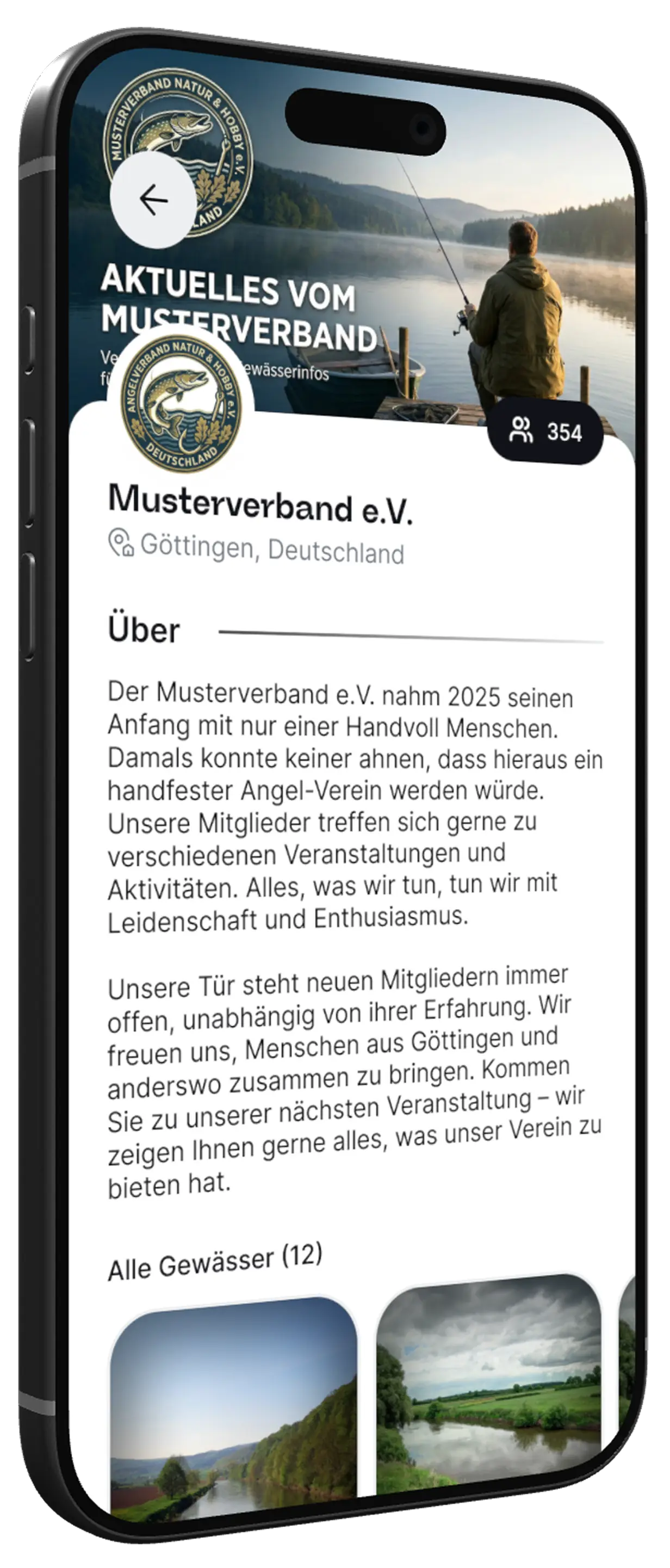 JetztAngeln | Club View Mockup JetztAngeln App - Gewässerkarte mit Tageskarten-Verkauf