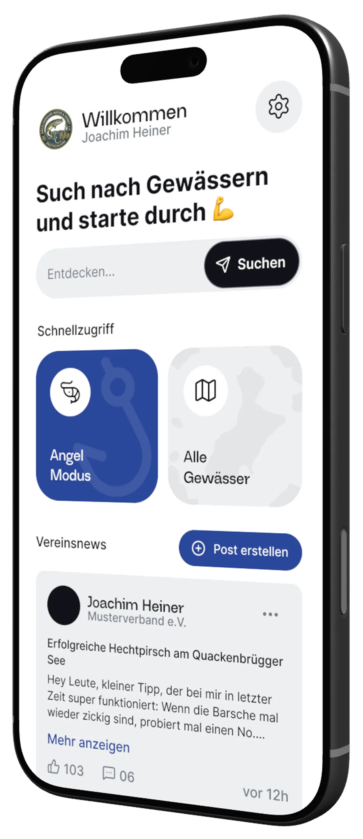 JetztAngeln | Start Screen with club Mockup JetztAngeln App - Vereinsübersicht mit Mitgliederverwaltung